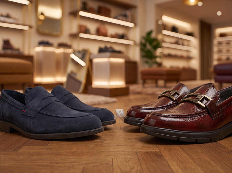 Deux paires de mocassins de largeurs différentes présentées côte à côte en boutique